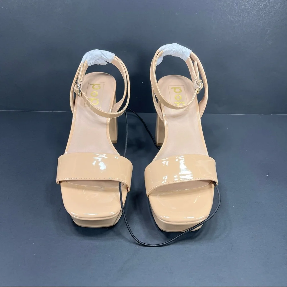 pop Tan Nude Patent Block Chunky Heel Sandals with Ankle Strap new in box size 7 - Picture 2 of 11